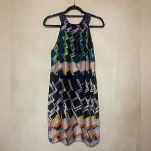 Taylor women's 12 100% silk geometric print sheath dress with back neck tie EUC